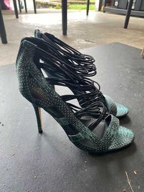 Kendall & Kylie Teal Snake-Print Strappy High Heels